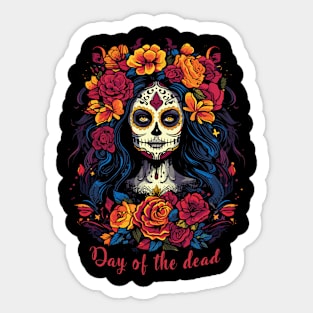 Day of the dead; el Día de Muertos; Mexico; Mexican; sugar skull; beautiful; woman; colorful; bright colors; black shirt; skeleton; celebration; celebrate; party; fiesta; halloween; dark; skull; Sticker